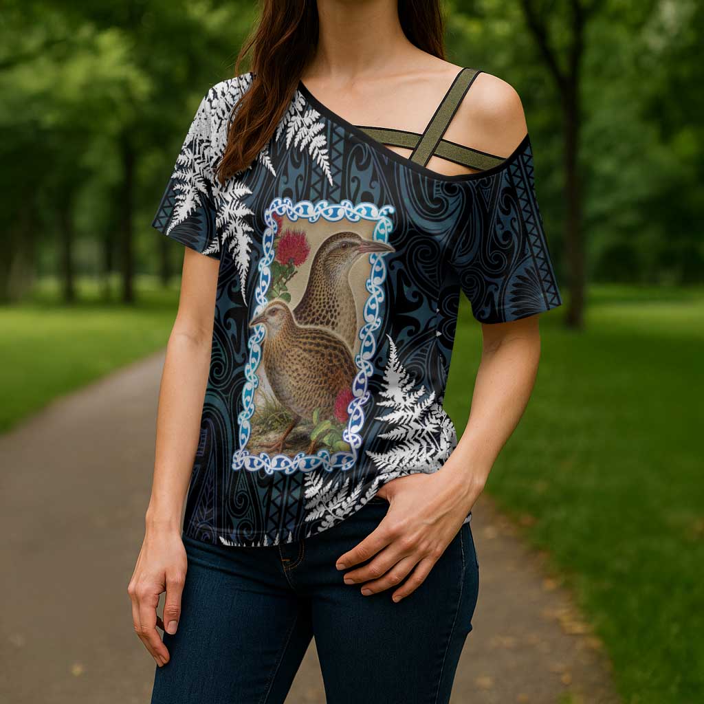 New Zealand Weka Cross Shoulder Shirt Maori Hen Koru Pattern - Polynesian Pride