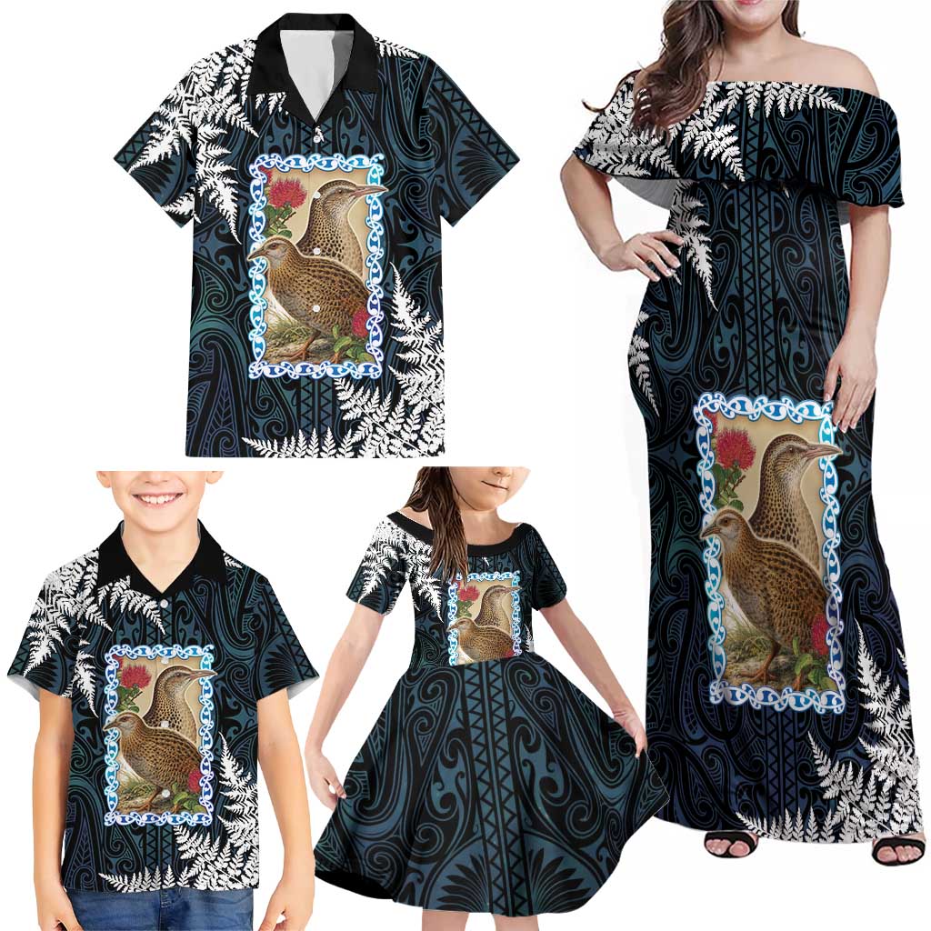 New Zealand Weka Family Matching Off Shoulder Maxi Dress and Hawaiian Shirt Maori Hen Koru Pattern LT05 - Polynesian Pride