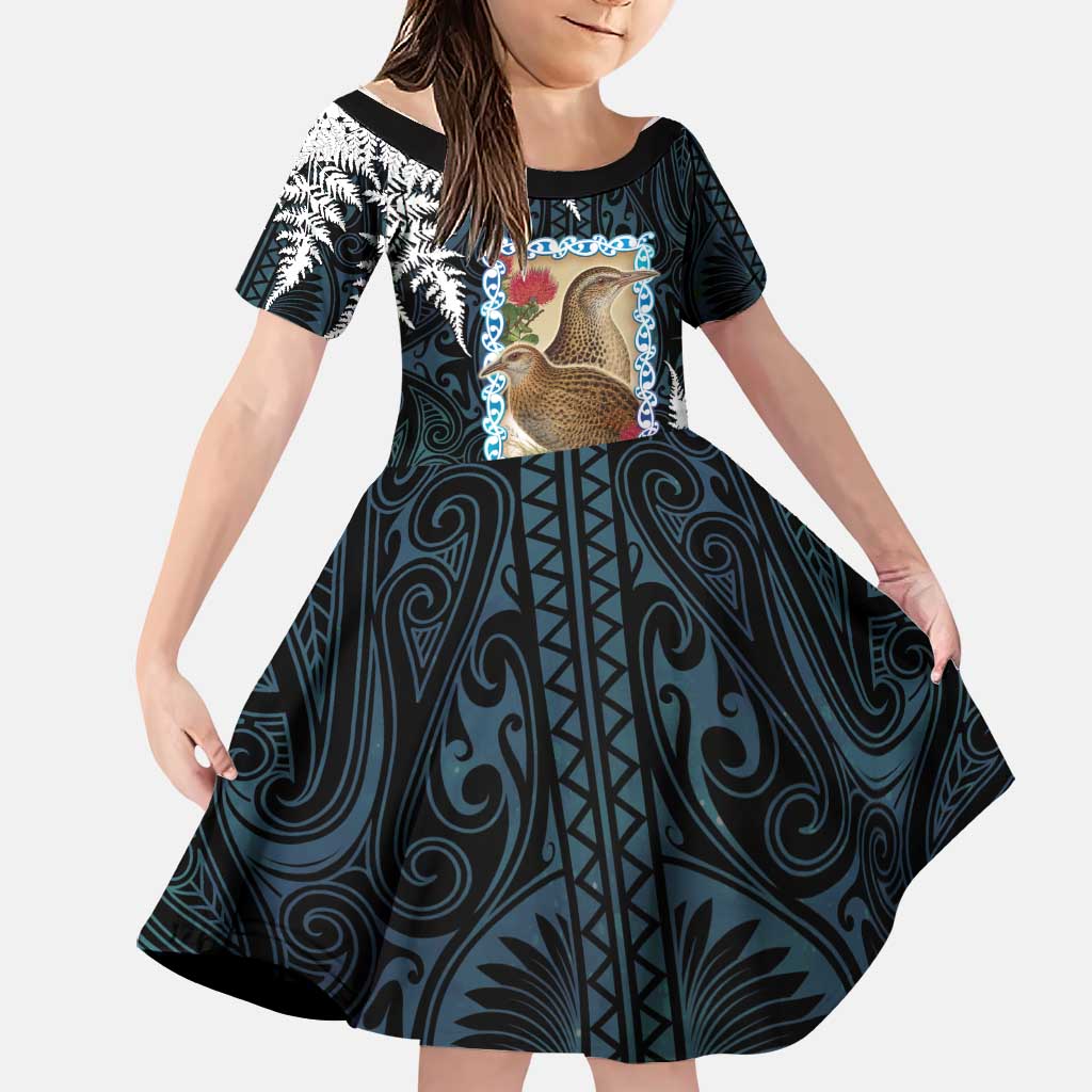 New Zealand Weka Family Matching Tank Maxi Dress and Hawaiian Shirt Maori Hen Koru Pattern LT05 Daughter's Dress Black - Polynesian Pride