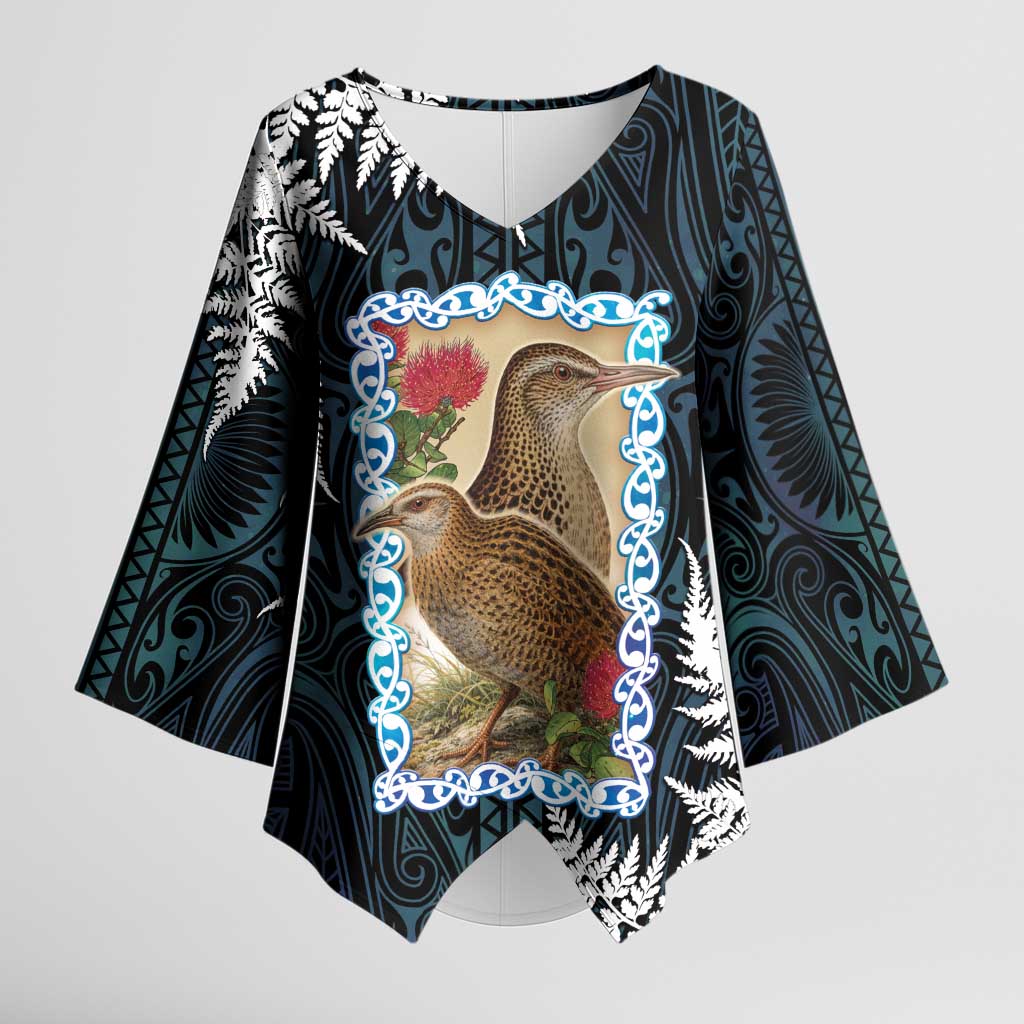 New Zealand Weka Kimono Sleeve Blouse Maori Hen Koru Pattern - Polynesian Pride