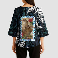 New Zealand Weka Kimono Sleeve Blouse Maori Hen Koru Pattern - Polynesian Pride