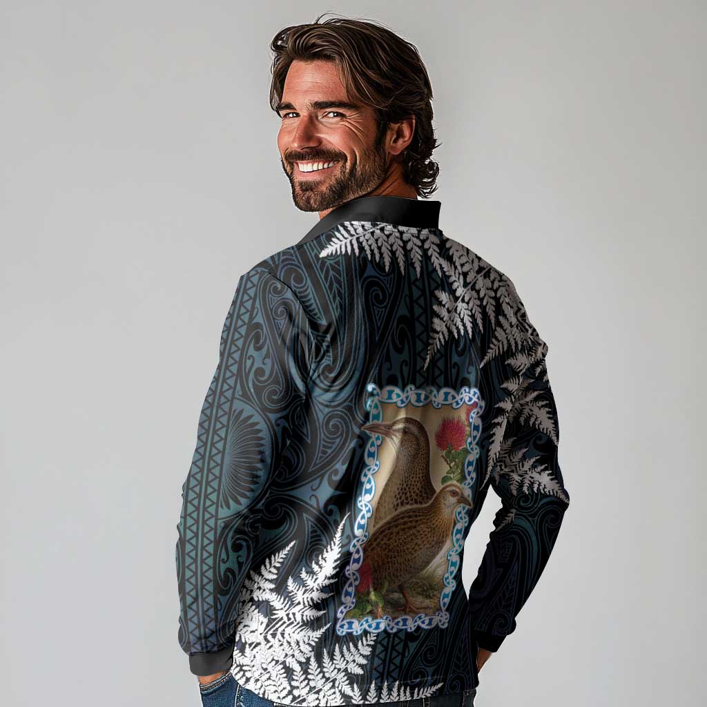 New Zealand Weka Long Sleeve Polo Shirt Maori Hen Koru Pattern - Polynesian Pride