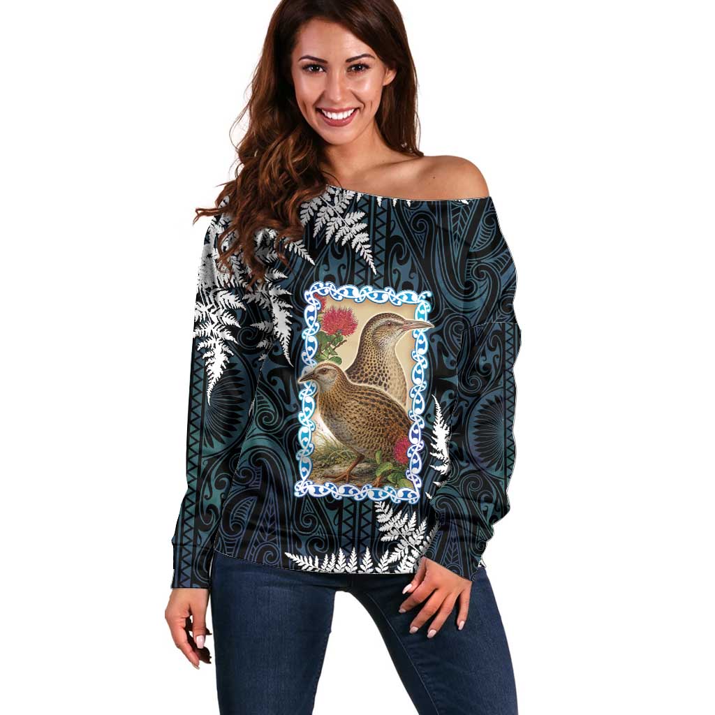 New Zealand Weka Off Shoulder Sweater Maori Hen Koru Pattern - Polynesian Pride