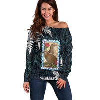 New Zealand Weka Off Shoulder Sweater Maori Hen Koru Pattern - Polynesian Pride