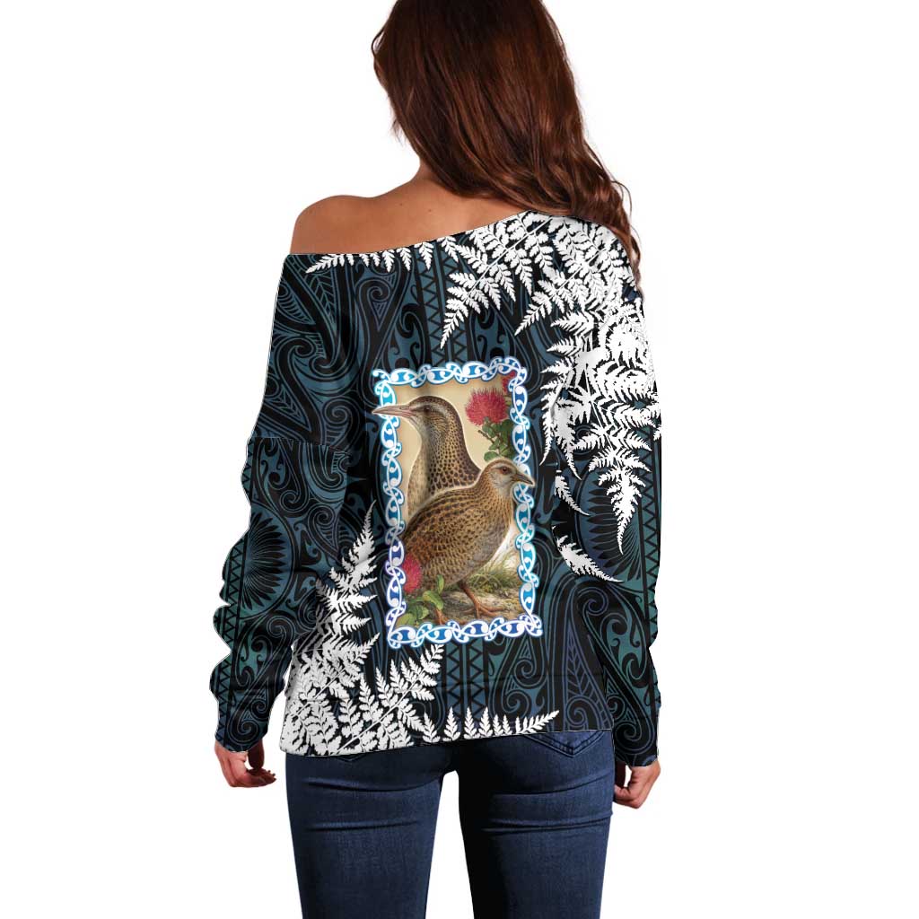 New Zealand Weka Off Shoulder Sweater Maori Hen Koru Pattern - Polynesian Pride