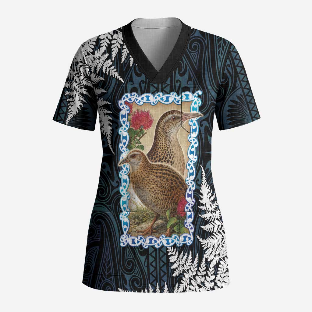 New Zealand Weka Scrub Top Maori Hen Koru Pattern - Polynesian Pride