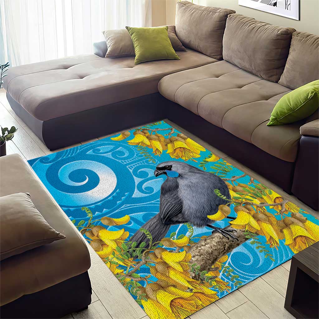 New Zealand Kokako Bird Area Rug Maori Koru With Kowhai Flowers - Polynesian Pride
