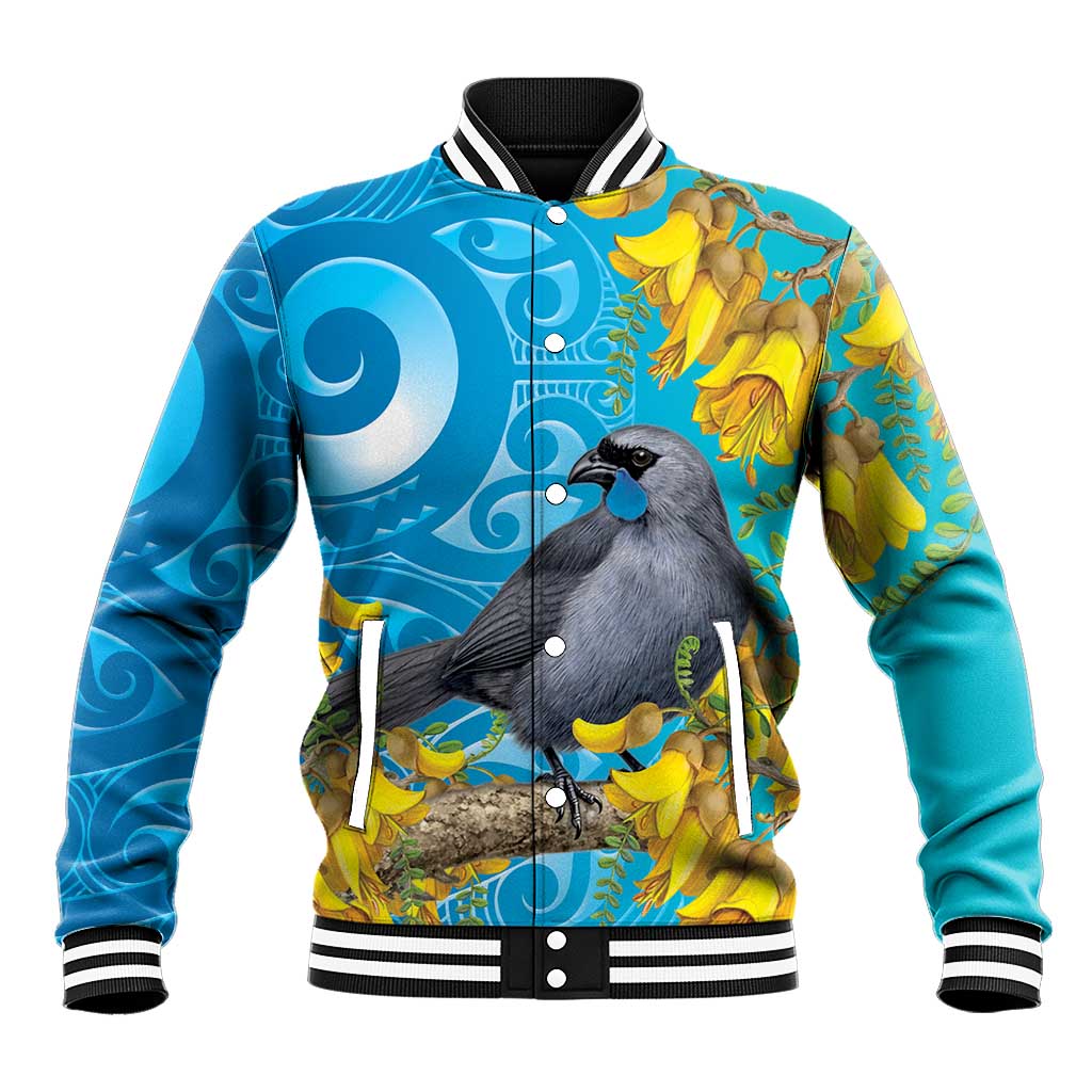 New Zealand Kokako Bird Baseball Jacket Maori Koru With Kowhai Flowers - Polynesian Pride