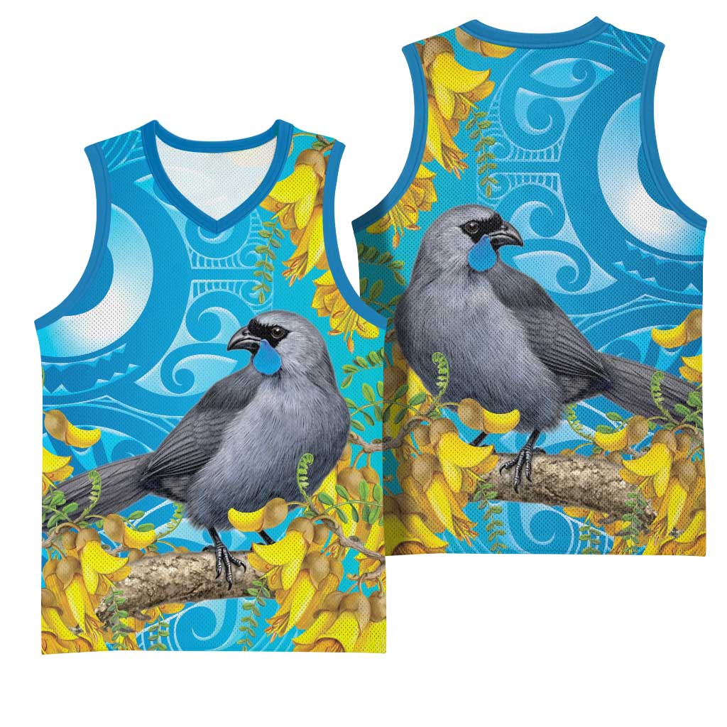 New Zealand Kokako Bird Basketball Jersey Maori Koru With Kowhai Flowers LT05 - Polynesian Pride