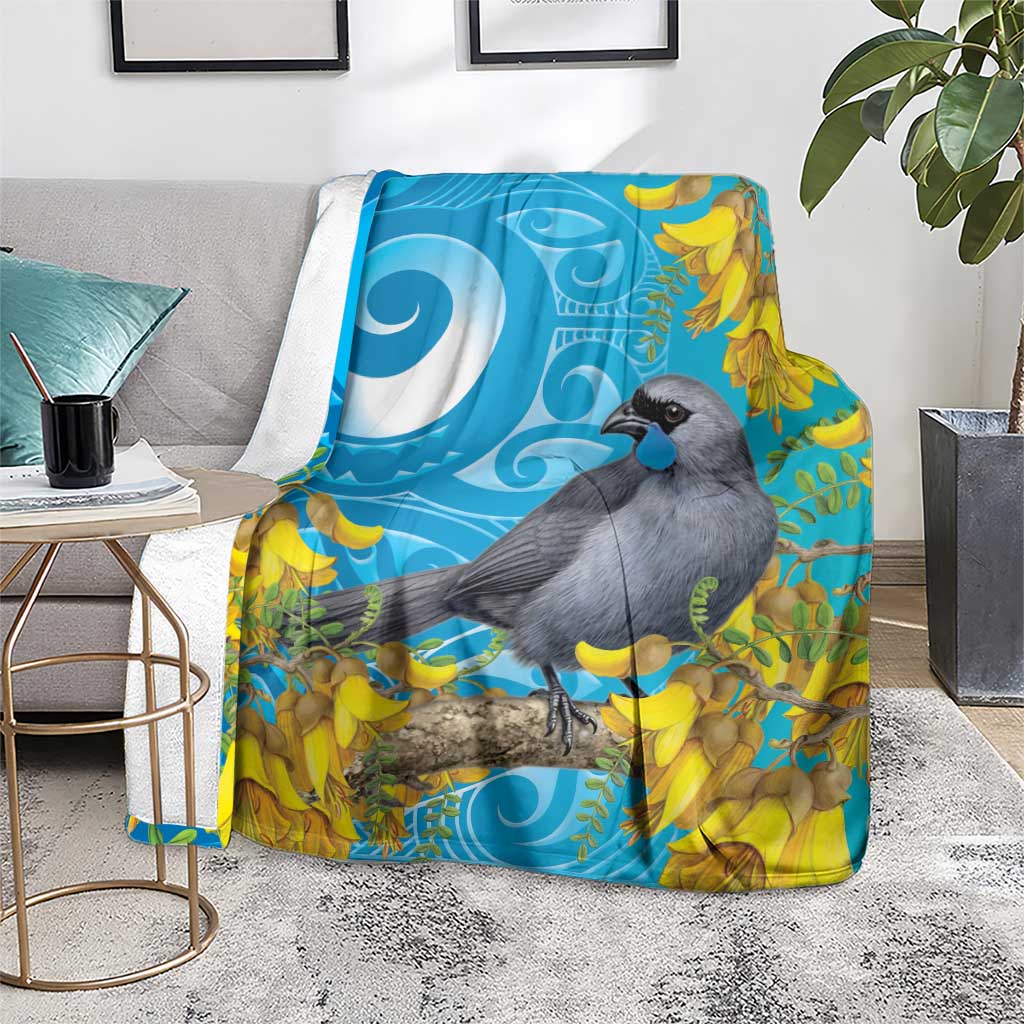 New Zealand Kokako Bird Blanket Maori Koru With Kowhai Flowers - Polynesian Pride