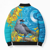 New Zealand Kokako Bird Bomber Puffer Jacket Maori Koru With Kowhai Flowers - Polynesian Pride