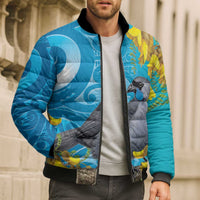 New Zealand Kokako Bird Bomber Puffer Jacket Maori Koru With Kowhai Flowers - Polynesian Pride