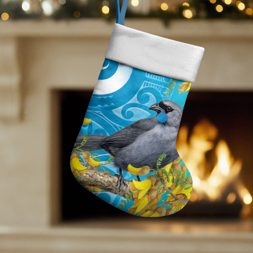 New Zealand Kokako Bird Christmas Stocking Maori Koru With Kowhai Flowers LT05 Set of 2 Aqua - Polynesian Pride