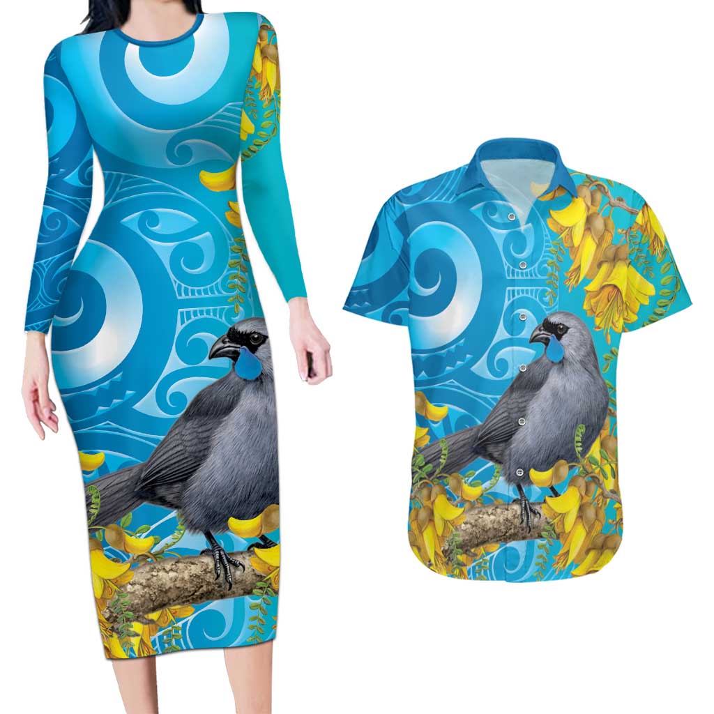 New Zealand Kokako Bird Couples Matching Long Sleeve Bodycon Dress and Hawaiian Shirt Maori Koru With Kowhai Flowers - Polynesian Pride