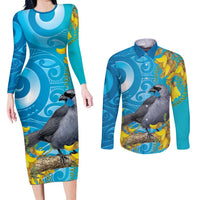 New Zealand Kokako Bird Couples Matching Long Sleeve Bodycon Dress and Long Sleeve Button Shirt Maori Koru With Kowhai Flowers LT05 Aqua - Polynesian Pride