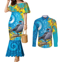 New Zealand Kokako Bird Couples Matching Mermaid Dress and Long Sleeve Button Shirt Maori Koru With Kowhai Flowers LT05 Aqua - Polynesian Pride