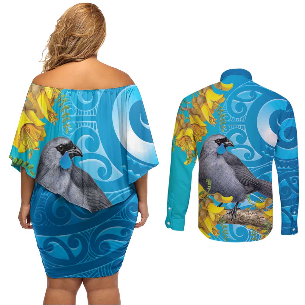 New Zealand Kokako Bird Couples Matching Off Shoulder Short Dress and Long Sleeve Button Shirt Maori Koru With Kowhai Flowers LT05 - Polynesian Pride