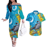 New Zealand Kokako Bird Couples Matching Off The Shoulder Long Sleeve Dress and Hawaiian Shirt Maori Koru With Kowhai Flowers LT05 Aqua - Polynesian Pride
