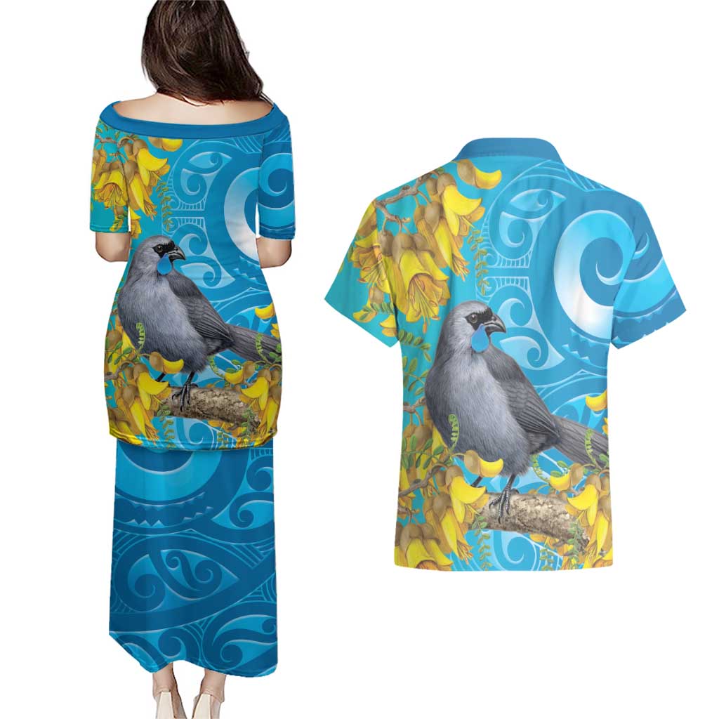 New Zealand Kokako Bird Couples Matching Puletasi and Hawaiian Shirt Maori Koru With Kowhai Flowers LT05 - Polynesian Pride