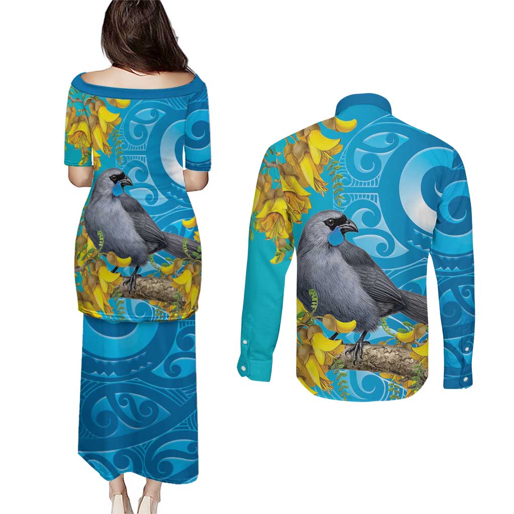 New Zealand Kokako Bird Couples Matching Puletasi and Long Sleeve Button Shirt Maori Koru With Kowhai Flowers LT05 - Polynesian Pride