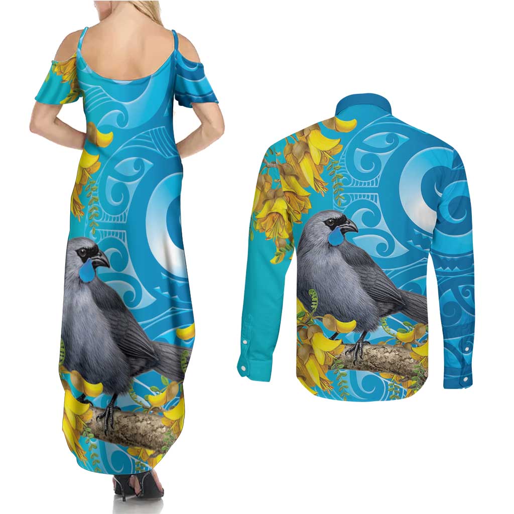 New Zealand Kokako Bird Couples Matching Summer Maxi Dress and Long Sleeve Button Shirt Maori Koru With Kowhai Flowers LT05 - Polynesian Pride