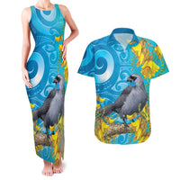 New Zealand Kokako Bird Couples Matching Tank Maxi Dress and Hawaiian Shirt Maori Koru With Kowhai Flowers LT05 Aqua - Polynesian Pride