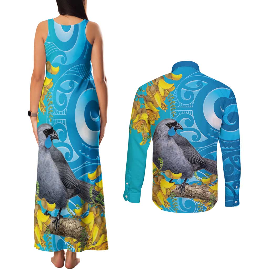 New Zealand Kokako Bird Couples Matching Tank Maxi Dress and Long Sleeve Button Shirt Maori Koru With Kowhai Flowers LT05 - Polynesian Pride