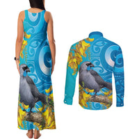 New Zealand Kokako Bird Couples Matching Tank Maxi Dress and Long Sleeve Button Shirt Maori Koru With Kowhai Flowers LT05 - Polynesian Pride