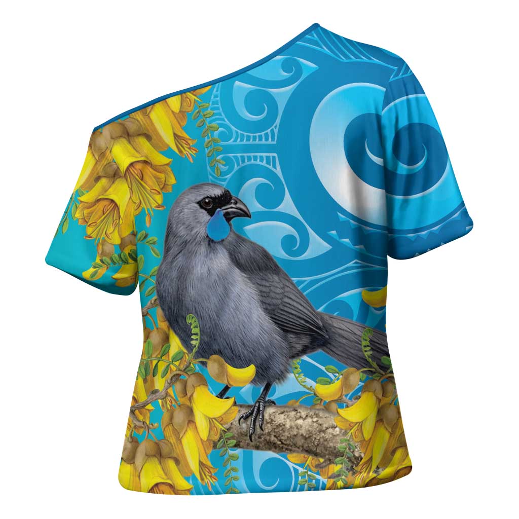 New Zealand Kokako Bird Cross Shoulder Shirt Maori Koru With Kowhai Flowers LT05 - Polynesian Pride