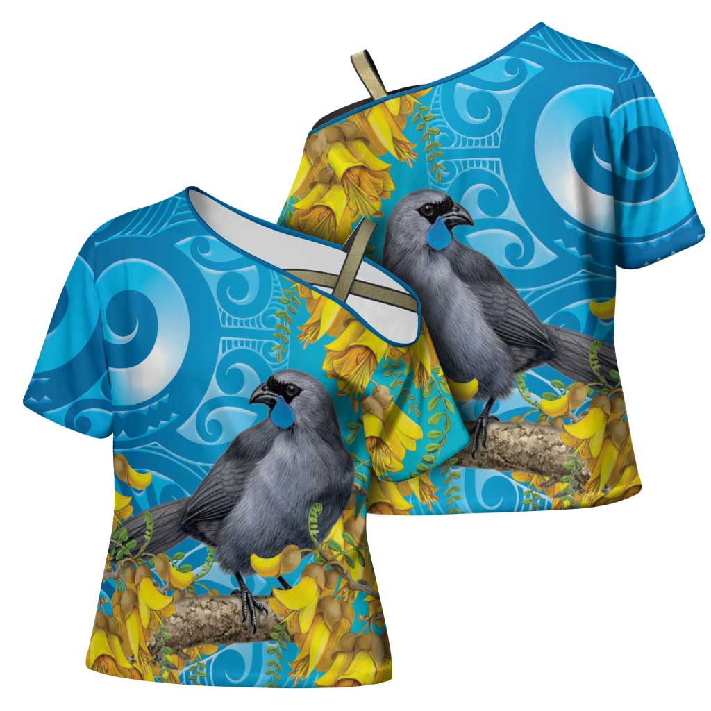 New Zealand Kokako Bird Cross Shoulder Shirt Maori Koru With Kowhai Flowers LT05 - Polynesian Pride