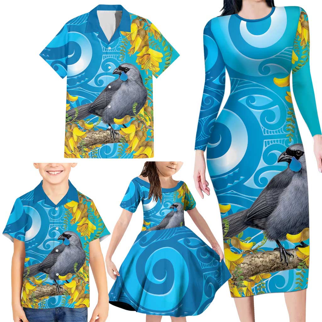 New Zealand Kokako Bird Family Matching Long Sleeve Bodycon Dress and Hawaiian Shirt Maori Koru With Kowhai Flowers LT05 - Polynesian Pride