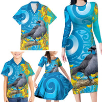 New Zealand Kokako Bird Family Matching Long Sleeve Bodycon Dress and Hawaiian Shirt Maori Koru With Kowhai Flowers LT05 - Polynesian Pride