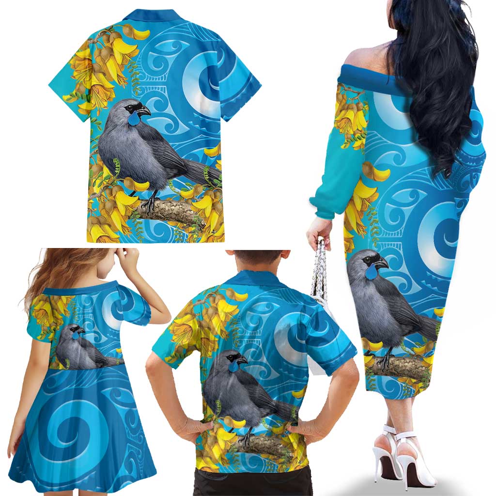 New Zealand Kokako Bird Family Matching Off The Shoulder Long Sleeve Dress and Hawaiian Shirt Maori Koru With Kowhai Flowers LT05 - Polynesian Pride