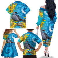 New Zealand Kokako Bird Family Matching Off The Shoulder Long Sleeve Dress and Hawaiian Shirt Maori Koru With Kowhai Flowers LT05 - Polynesian Pride