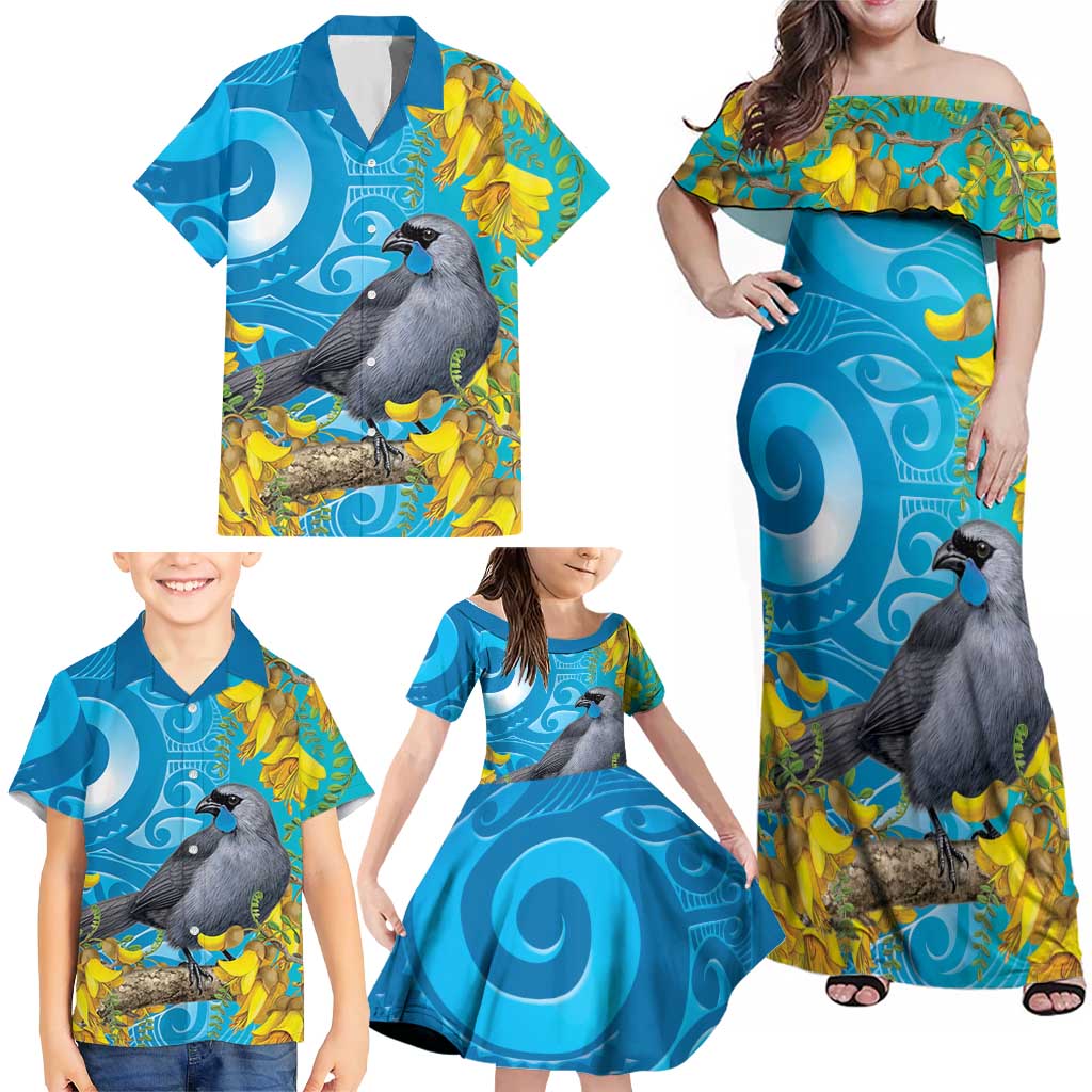 New Zealand Kokako Bird Family Matching Off Shoulder Maxi Dress and Hawaiian Shirt Maori Koru With Kowhai Flowers LT05 - Polynesian Pride