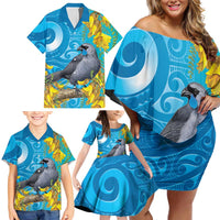 New Zealand Kokako Bird Family Matching Off Shoulder Short Dress and Hawaiian Shirt Maori Koru With Kowhai Flowers LT05 - Polynesian Pride