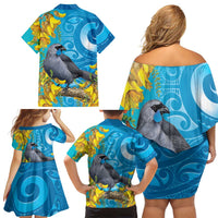 New Zealand Kokako Bird Family Matching Off Shoulder Short Dress and Hawaiian Shirt Maori Koru With Kowhai Flowers LT05 - Polynesian Pride