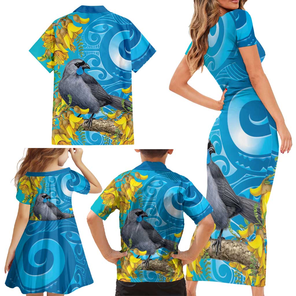 New Zealand Kokako Bird Family Matching Short Sleeve Bodycon Dress and Hawaiian Shirt Maori Koru With Kowhai Flowers LT05 - Polynesian Pride