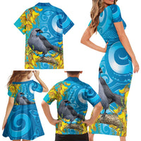 New Zealand Kokako Bird Family Matching Short Sleeve Bodycon Dress and Hawaiian Shirt Maori Koru With Kowhai Flowers LT05 - Polynesian Pride