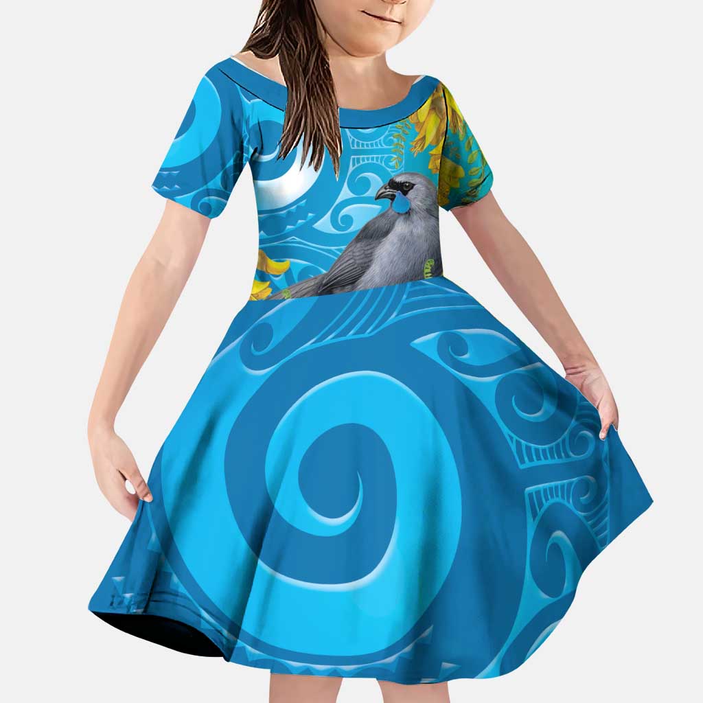 New Zealand Kokako Bird Family Matching Summer Maxi Dress and Hawaiian Shirt Maori Koru With Kowhai Flowers LT05 Daughter's Dress Aqua - Polynesian Pride