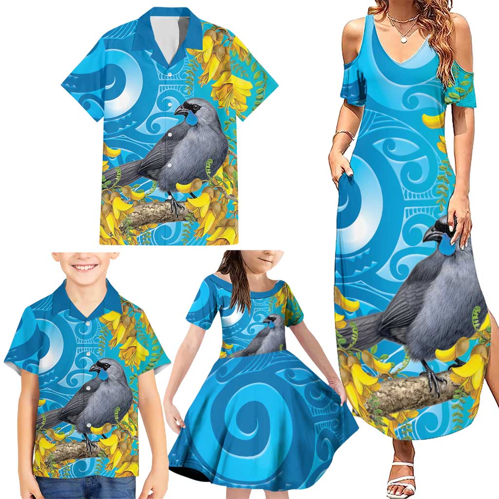 New Zealand Kokako Bird Family Matching Summer Maxi Dress and Hawaiian Shirt Maori Koru With Kowhai Flowers LT05 - Polynesian Pride