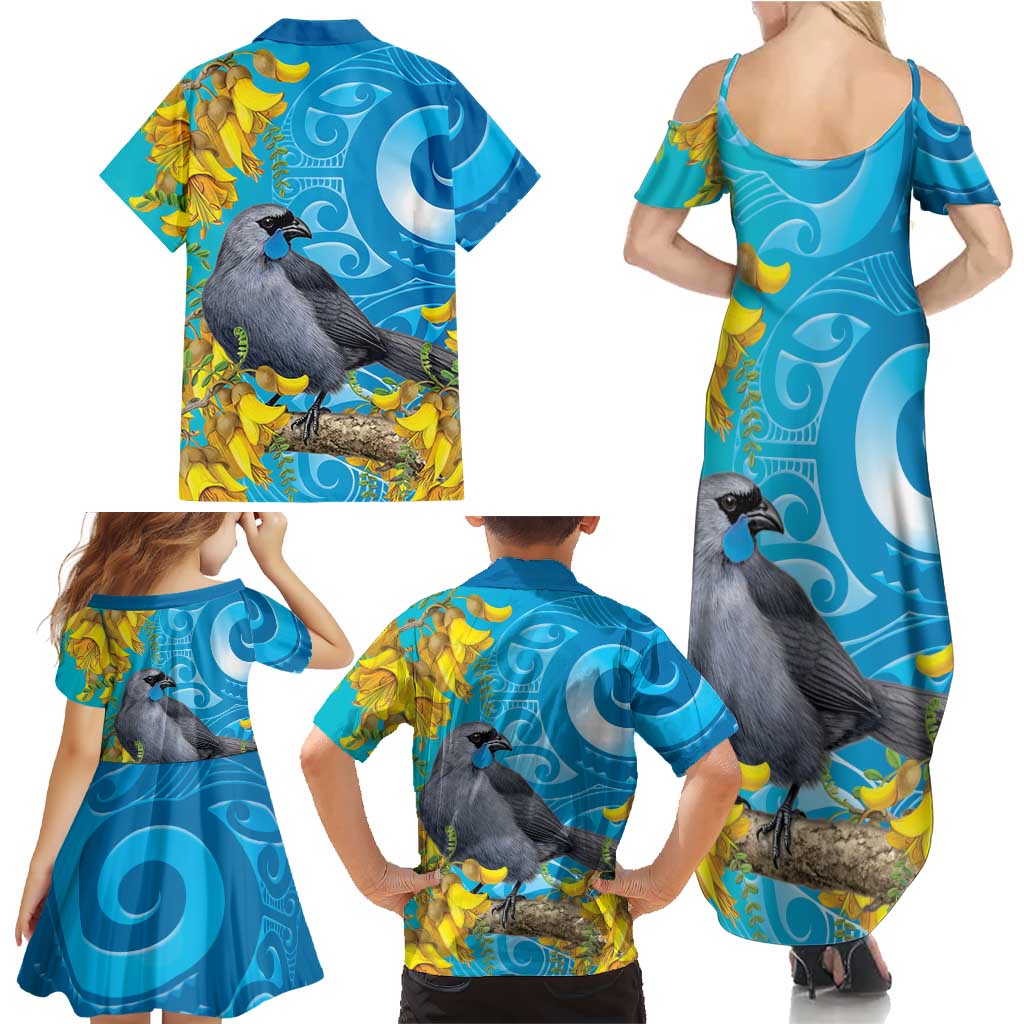 New Zealand Kokako Bird Family Matching Summer Maxi Dress and Hawaiian Shirt Maori Koru With Kowhai Flowers LT05 - Polynesian Pride