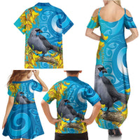 New Zealand Kokako Bird Family Matching Summer Maxi Dress and Hawaiian Shirt Maori Koru With Kowhai Flowers LT05 - Polynesian Pride