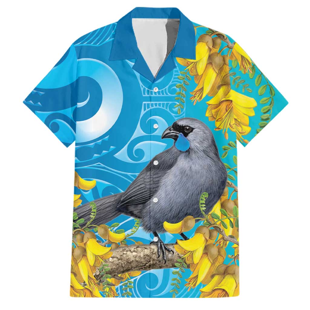New Zealand Kokako Bird Family Matching Summer Maxi Dress and Hawaiian Shirt Maori Koru With Kowhai Flowers LT05 Dad's Shirt - Short Sleeve Aqua - Polynesian Pride