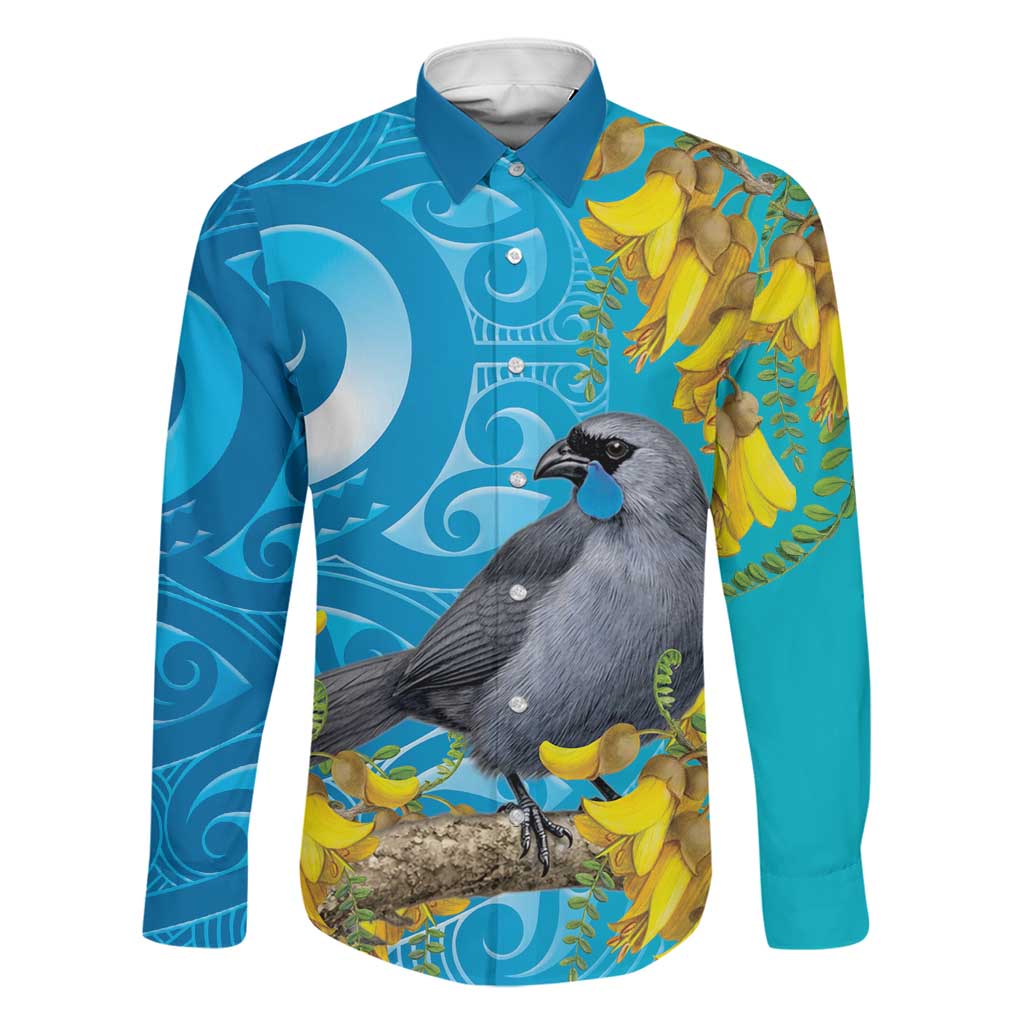 New Zealand Kokako Bird Family Matching Summer Maxi Dress and Hawaiian Shirt Maori Koru With Kowhai Flowers LT05 Dad's Shirt - Long Sleeve Aqua - Polynesian Pride