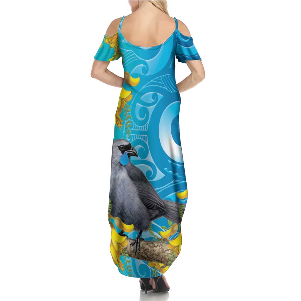 New Zealand Kokako Bird Family Matching Summer Maxi Dress and Hawaiian Shirt Maori Koru With Kowhai Flowers LT05 - Polynesian Pride