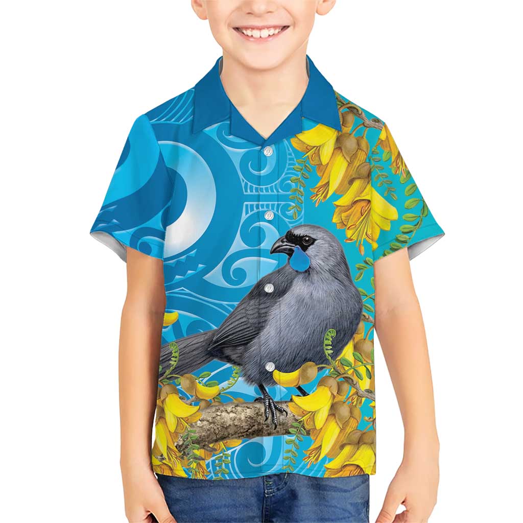New Zealand Kokako Bird Family Matching Summer Maxi Dress and Hawaiian Shirt Maori Koru With Kowhai Flowers LT05 Son's Shirt Aqua - Polynesian Pride