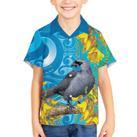 New Zealand Kokako Bird Family Matching Summer Maxi Dress and Hawaiian Shirt Maori Koru With Kowhai Flowers LT05 Son's Shirt Aqua - Polynesian Pride