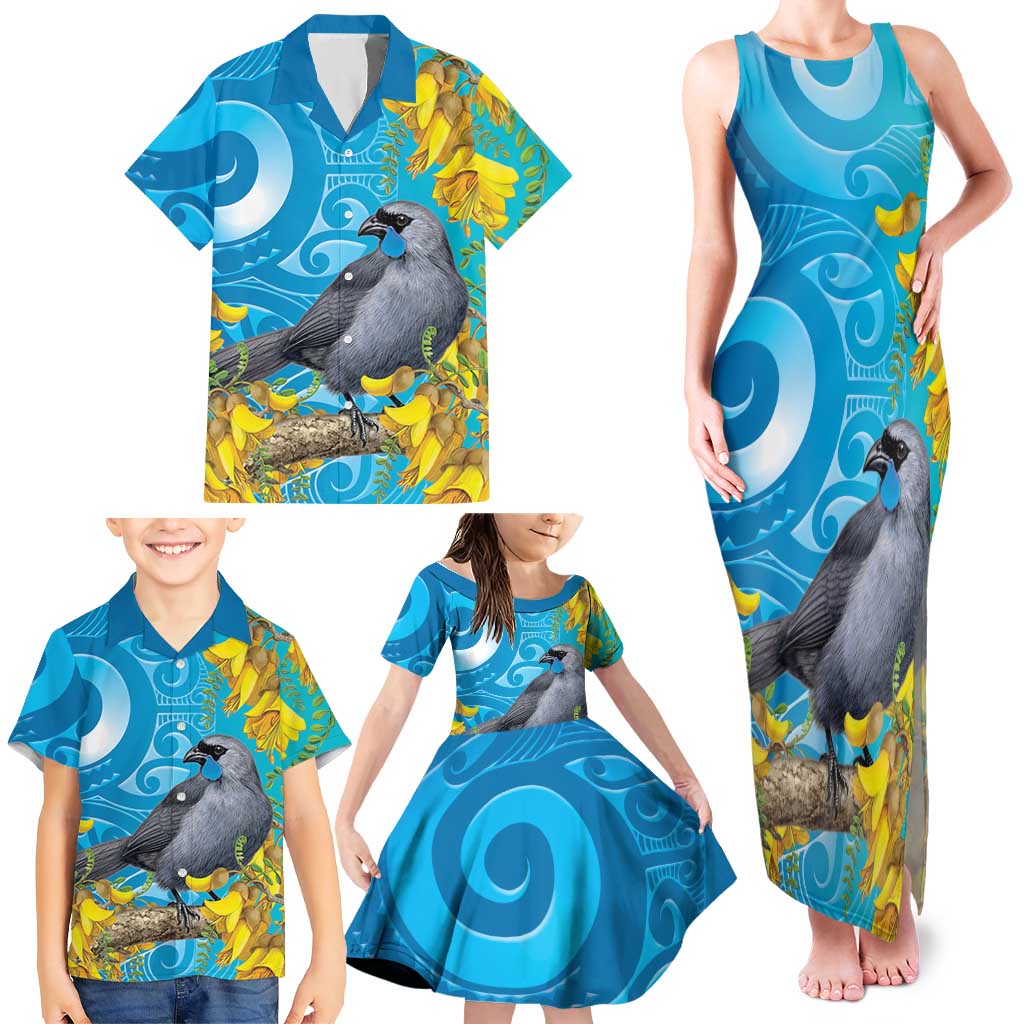 New Zealand Kokako Bird Family Matching Tank Maxi Dress and Hawaiian Shirt Maori Koru With Kowhai Flowers LT05 - Polynesian Pride