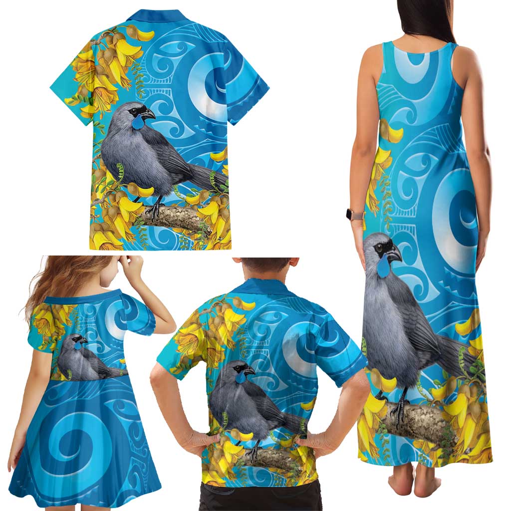 New Zealand Kokako Bird Family Matching Tank Maxi Dress and Hawaiian Shirt Maori Koru With Kowhai Flowers LT05 - Polynesian Pride